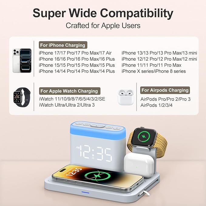 ANJANK Wireless Charging Station with Alarm Clock & Night Light,Magnetic 5 in 1 Charger Stand for Multiple-Device,Charging Dock for iPhone 17 16 15 14 13 12 Pro Max Plus,Apple Watch,Airpods,Nightstand