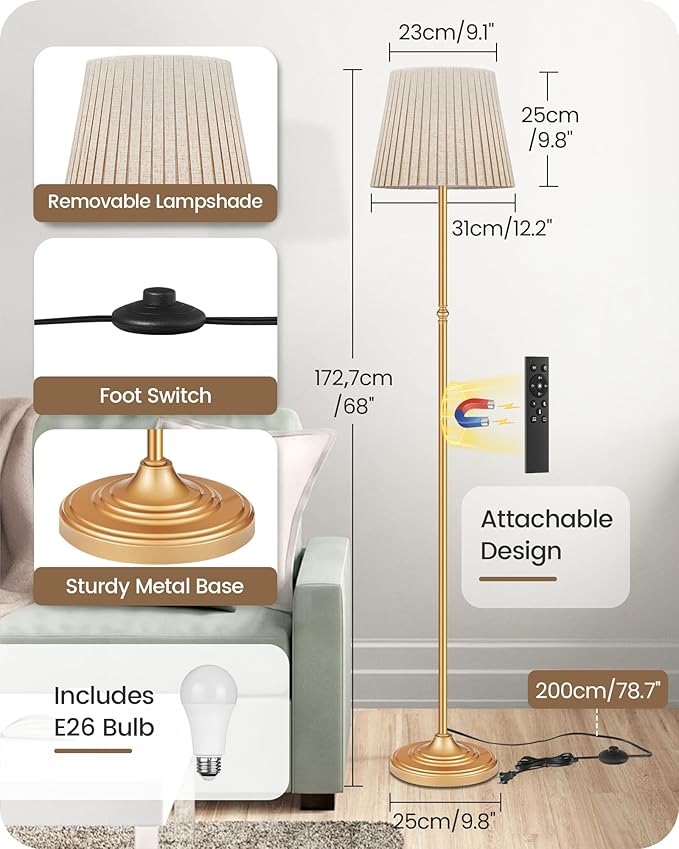 Dimmable Floor Lamp for Living Room, 68" Tall Standing Lamp, Reading Light with Remote & Foot Pedal, 10W LED Bulb (3000K-6500K) Included, FCC Listed, Reinforced Base, Gold and Beige DE12LD05