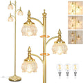 Floor Lamp Gold Glass Brass 66.5in Tall Standing Lamp for Living Room with 3 Brightness Lights Vintage Tree Flower Lamp for Bedroom Office(3LED Bulbs Included)