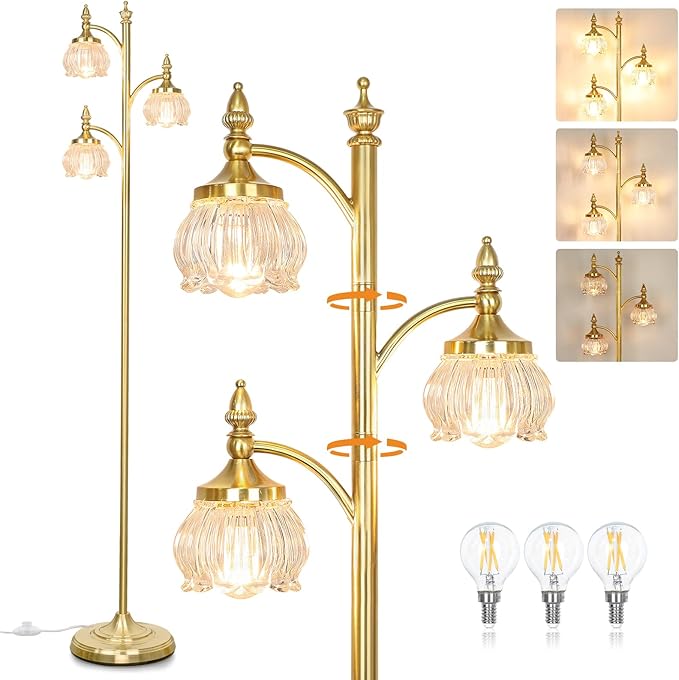 Floor Lamp Gold Glass Brass 66.5in Tall Standing Lamp for Living Room with 3 Brightness Lights Vintage Tree Flower Lamp for Bedroom Office(3LED Bulbs Included)