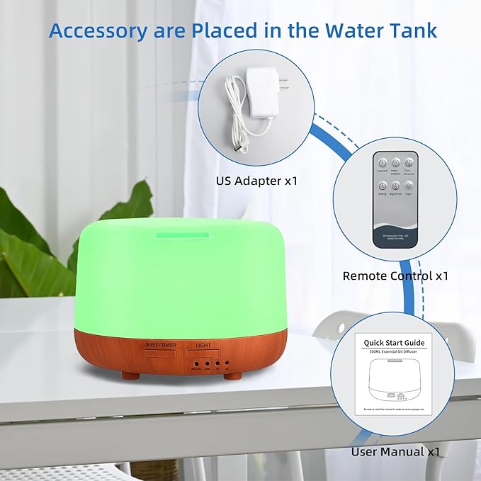 300ML Essential Oil Diffuser,Small Room Aromatherapy Diffuser, Quiet 8H Operation, 7-Color LED Light, 4 Timer, Remote Control, Auto-Off, for Bedroom, Living Room, Kitchen, Yoga, Gifts