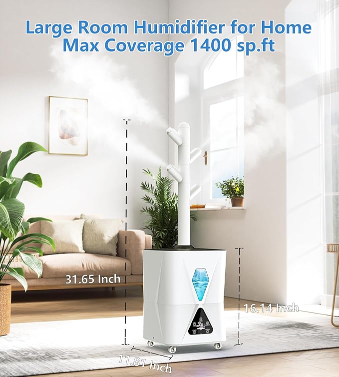 Humidifier Large Room,13L/3.43Gal 1400 sq.ft, Cool Mist Humidifiers for Bedroom with 1350mL/H Spray Output for Home, Office, Plants, Warehouse, House