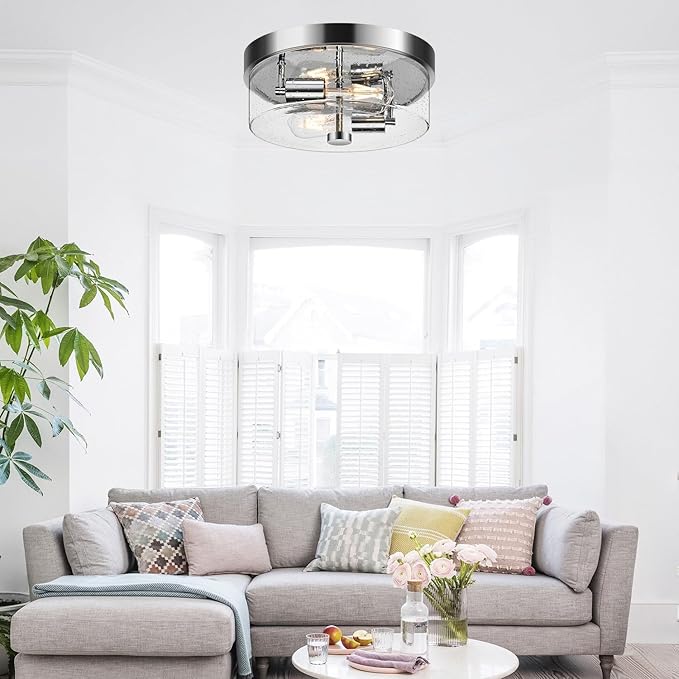 Flush Mount Ceiling Light Fixtures, 2-Light Chrome Ceiling Mount for Farmhouse with Seeded Glass Lampshade, Industrial Hall Flush Mount Light Fixture for Hallway, Kitchen, Entryway, Bedroom and Foyer