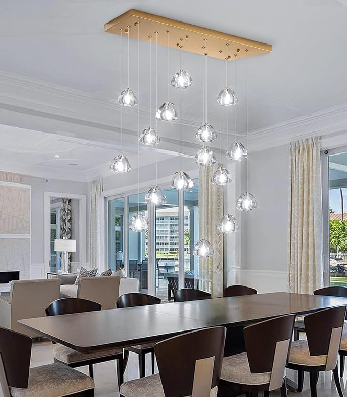 W27.6 x D11.8 x H118 Rectangular Glam Chandelier Bubble Crystal Ceiling Pendant Lights Dimmable High Ceiling Chandeliers Fixtures Adjustable Long Lights Antique Gold