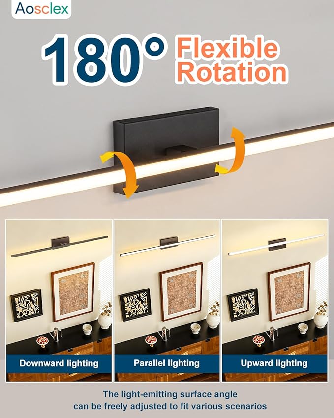 Aosclex 40 Inch Modern Bathroom Vanity Light, 180° Rotatable, 30W 2700LM 5CCT Adjustable (2700K–6000K), Dimmable LED Lights for Bathroom Mirror, IP44 Waterproof Black Light Bar, ETL Certificated