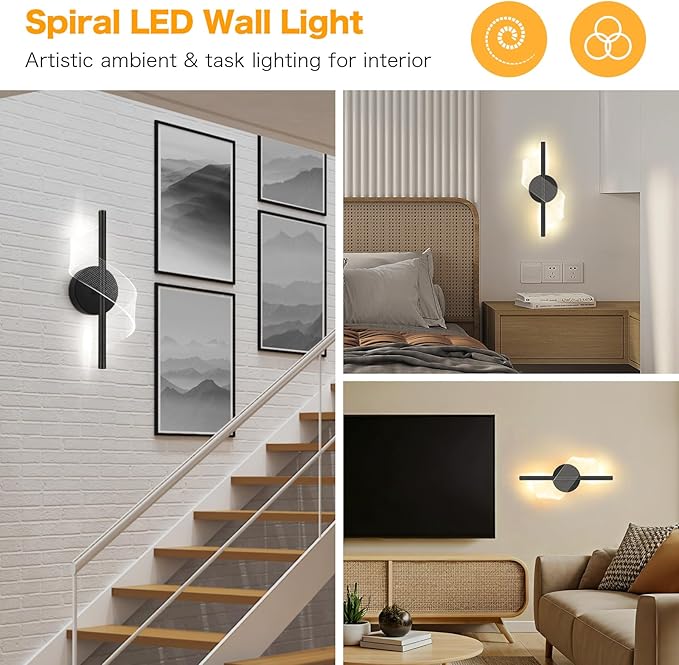 Modern LED Wall Sconce - 12" Height Spiral Wall Lamp with Acrylic Shade - 3000K 4000K 6000K Indoor Hardwired Wall Fixture for Bedroom Living Room Hallway Corridor (Black 1pack)