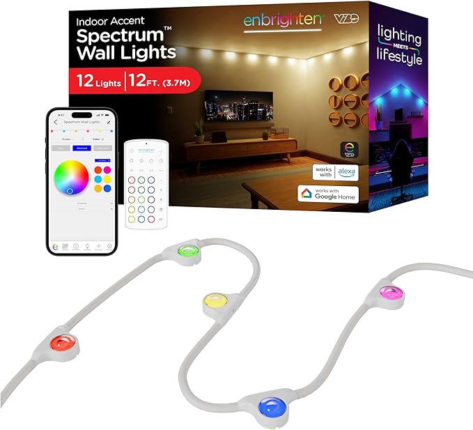 Enbrighten Vibe Smart LED Indoor Downlights Color Changing Accent Lights, Compatible with Alexa & Google Home, Music Sync, 12ft with 12 Lights, White (85832)