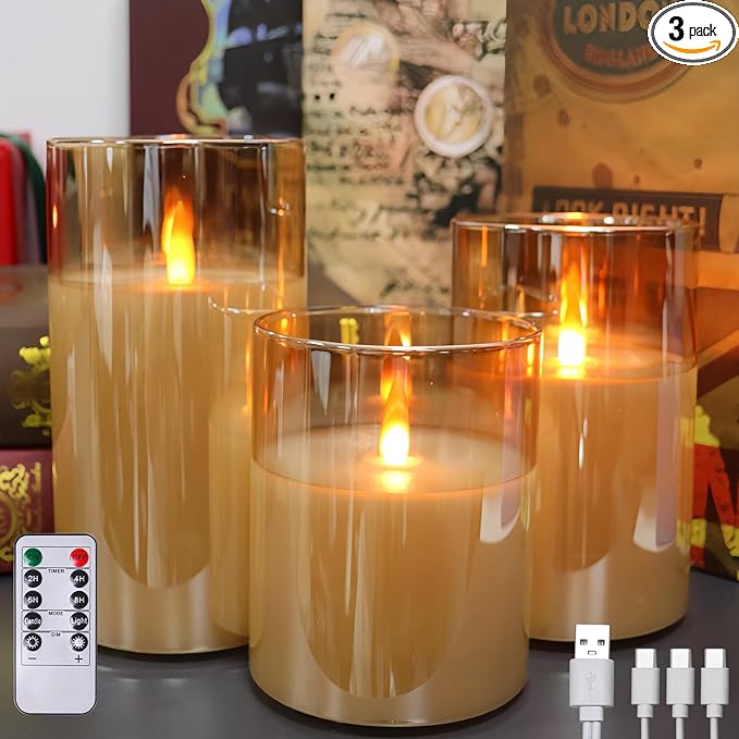 200 Hours Rechargeable Flickering Flameless Candles, Rechargeable Battery LED Glass Pillar Candle with Remote and Timer, Real Wax Warm Color for Home Living Room Decor, Ideal Gift for Women