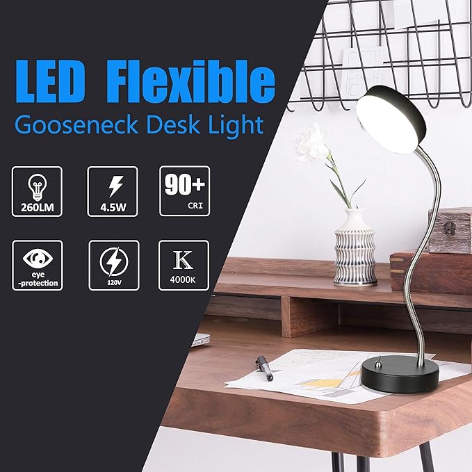 19.25" Flexible Gooseneck LED Desk Lamp, Plun-in Table Light with Stable Base, 4.5W 260LM 4000K, 65” Cord Small Desk Light for Home Office, Study, ETL Listed