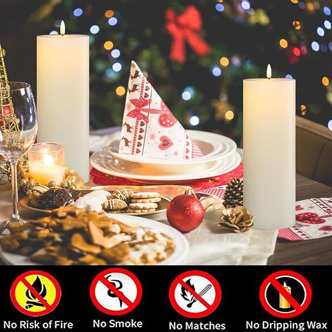 Flameless Candles Set of 2 (3x9 inch) Flickering LED Wax Candles Battery Operated with Remote Control Timers for Fall Decor/Night Light/Fireplace/Party Dimmable Ivory Pillars Flat top
