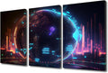 3 Panel Canvas Wall Art Cyber Space 3D Posters and Prints, Digital World Artwork for Home Office Wall Decoration, Giclee Wooden Framed Gallery-Wrapped Ready to Hang, 36" Wx24 H