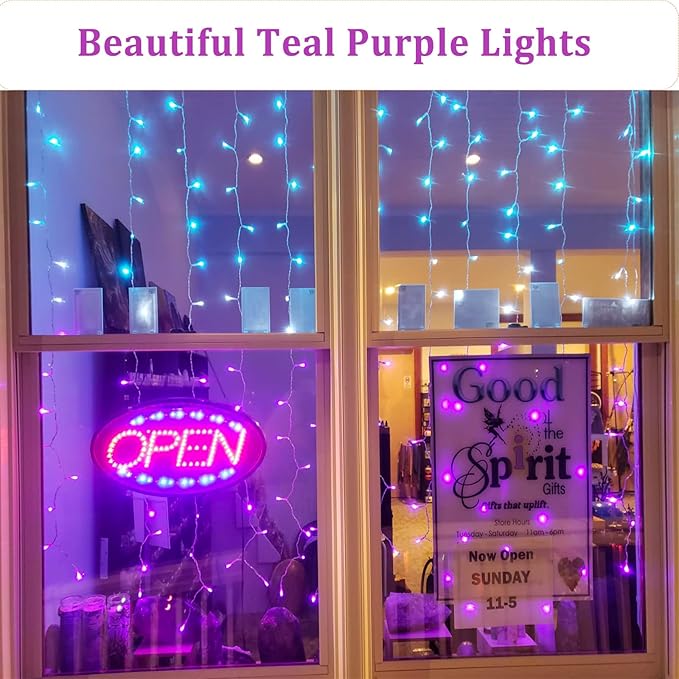 Curtain Lights for Bedroom Waterfall Led Light String PurpleTeal Ombre Hanging Fairy Mermaid Lights for Kids Teen Room Decor Window Ocean Sea Kawaii Easter Decor Girls Gift (Turquoise & Purple)