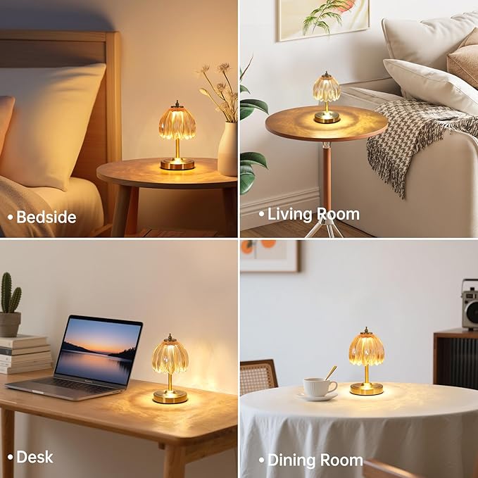 Set of 2 Tulip Table Lamp with 5200mAh Battery & Touch Control, Cordless Small Table Lamp with 3 Colors, Rechargeable Battery Operated Table Lamps for Nightstand, Bedroom (Amber Tulip)