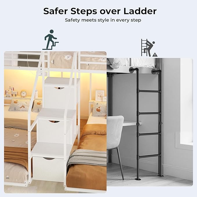ADORNEVE Triple Bunk Bed Twin Over Twin with Storage Staircase, RGB Lights & Power Outlets, Heavy Duty Metal 3 Bunk Beds with Drawers & Headboard Shelf, Safety Guardrails, for Kids, White