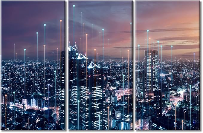TUMOVO Modern City with Wireless Network Connection Wall Art Canvas Print 3 Pieces CPU Concept Artwork Wall Decor for Bedroom Technology Science Paintings Wall Art Framed Ready to Hang (60" Wx40 H)