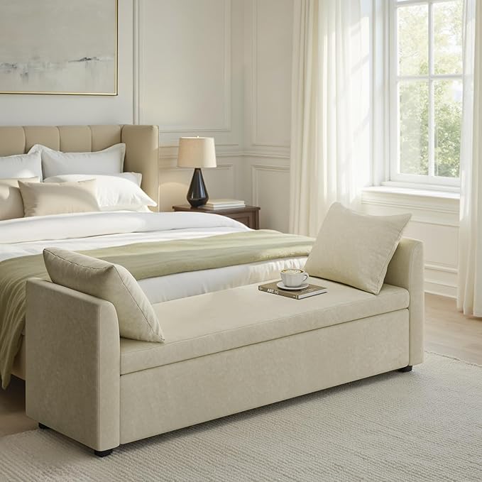59.5" Modern Storage Ottoman Bedroom Bench, End of Bed Bench with Arms and Throw Pillows, Footrest Stool for Living, Dining Room, Entryway and Hallway, Beige