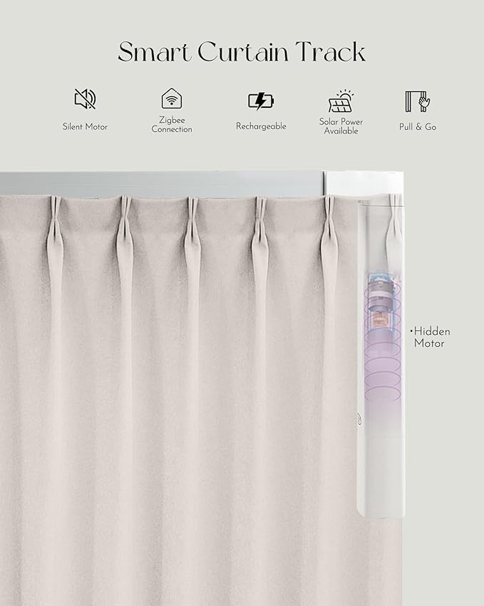 Graywind Rechargeable Smart Curtains Compatible with Alexa App Remote Control Motorized Drape for Sliding Door One-Way or Split Draw, Custom Width Up to 220" (Champagne White)