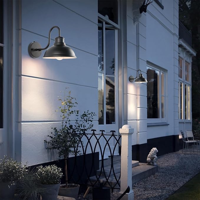 12" Outdoor Barn Gooseneck Light 2 Pack, Large Exterior Wall Sconce, Black Classic Farmhouse Industrial Wall-Mounted Barn Light Fixture for Garage/Porch/Patio