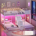 ADORNEVE Triple Bunk Bed Twin Over Twin with Storage Staircase, RGB Lights & Power Outlets, Heavy Duty Metal 3 Bunk Beds with Drawers & Headboard Shelf, Safety Guardrails, for Kids, White