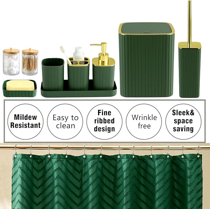 Bathroom Accessories Set-23Pcs Set, Complete Bathroom Decor & Home Decor, Bathroom Set with Toilet Brush, Trash Can, Soap Dispenser,Modern Bath Essentials (Green, Bath Set+Shower Curtain&Liner Set)