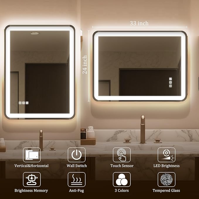 24"X32" LED Bathroom Mirror with Lights, Mirror for Bathroom Wall with Frontlit and Backlit,IP54 Enhanced Anti-Fog,Bathroom Vanity Mirror 3 Colors Dimmable CRI>90 Double Lights,Tempered Glass(R-Angle)
