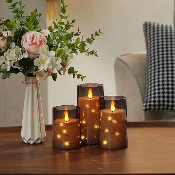 Amagic Grey Flameless Candles with Remote, Flickering Battery Operated Candles with Embedded Fairy Lights, Acrylic LED Candles with Timer for Halloween Home Bohemian Decor, 3D Wick, D3 x H4 5" 6"