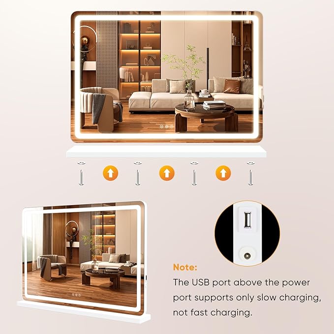 Sweetcrispy 22"x32" LED Vanity Mirror with Lights, Dimmable 3 Color Modes Makeup Mirror with Memory Function, USB Charging, Aluminum Frame, Lighted Mirror for Desk or Bedroom