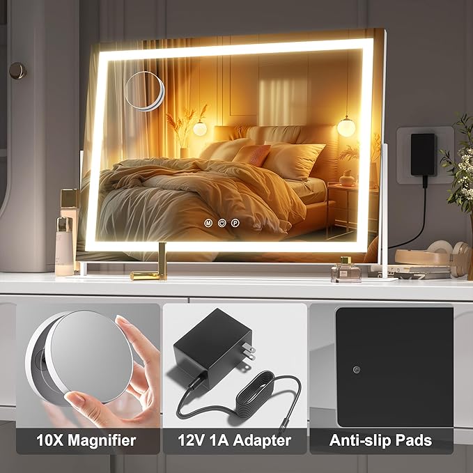 Hasipu Vanity Mirror with Lights, 17.7" x 12.6" LED Makeup Mirror, Light up Mirror with 10X Magnification, Smart Touch 3 Colors Dimmable, 360° Rotation (White)