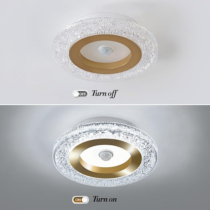 UOFUS Motion Sensor LED Ceiling Light Indoor Wired 7.84inch Gold Flush Mount Light Fixture 6400K Motion Activated Light for Closet Hallway Laundry Stairs Shower Porch Garage Basement