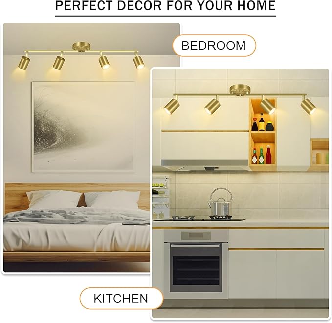 BoostArea Gold LED 4 Light Track Lighting Kit, 4 Way Ceiling Spot Lighting, Flexibly Rotatable Light Head for Kitchen, Living Room, Bedroom, Bulb Not Included
