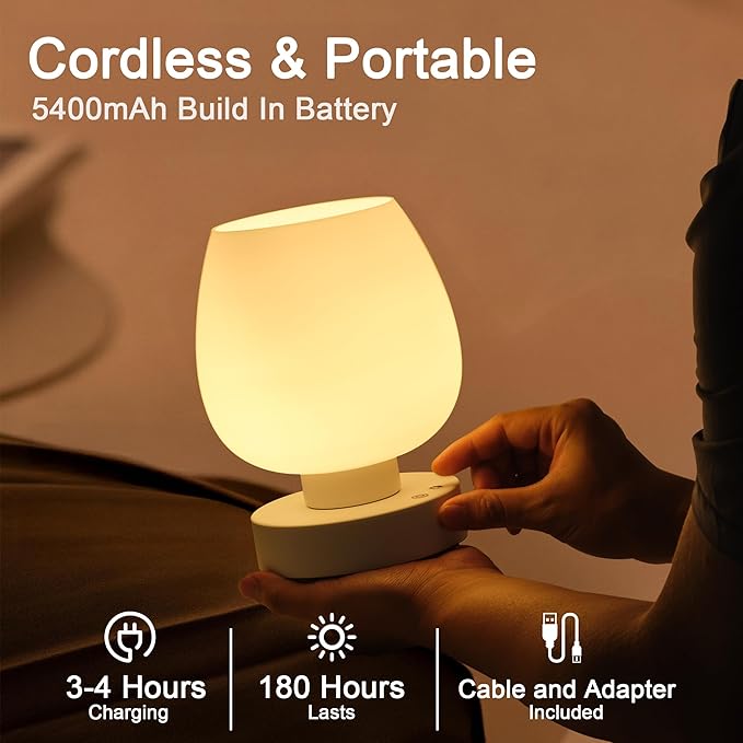 Cordless Touch Bedside Table Lamp Set of 2, Rechargeable Battery Operated Desk Lamps with 8 RGB Colors, Dimmable Small Glass Nightstand Light for Living Room Bedroom Kitchen Counter