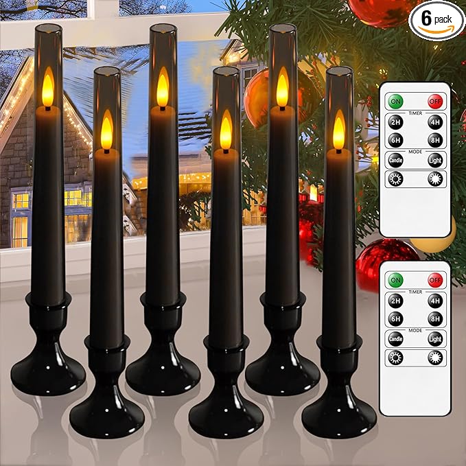 Lezonic Flameless Windows Candles Battery Operated with Timer Remote, 6Pcs Grey Acrylic Flameless Candlesticks with Holders, LED Taper Candles Flickering for Halloween Christmas, 0.8 x 8 inches