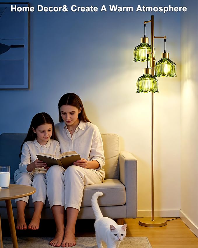 Gold Floor Lamps for Living Room, 3-Light Dimmable Floor Lamp with Green Glass Shade& E12 Bulbs Included, 65'' Mid Century Tall Standing Lamp for Bedroom/Sofa Beside/Corner Decor