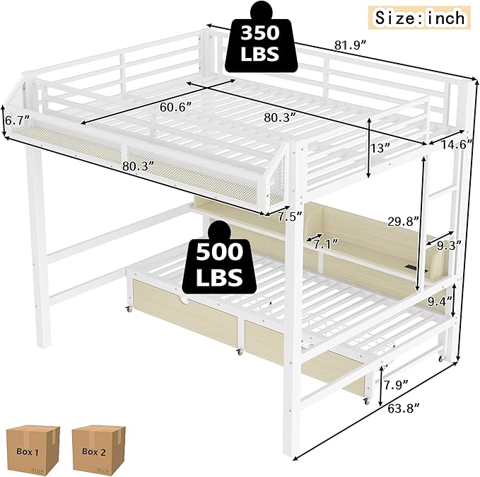 Bellemave Queen Over Queen Metal Bunk Bed with Storage Drawers and Shelves, Heavy Duty Bunk Beds with LED Lights and Charging Station for Kids,Adults,Convertible into a Sofa Bed,White