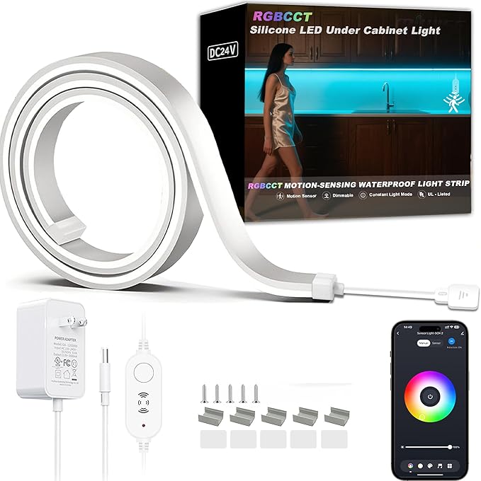 42inch WiFi Night Light Radar Motion Sensor Silicone LED Under Cabinet Lights RGB CCT White 2700K-6500K, Waterproof, APP Control, Dimmable Timing, for Google Home Alexa, for Kitchen, Under Counter