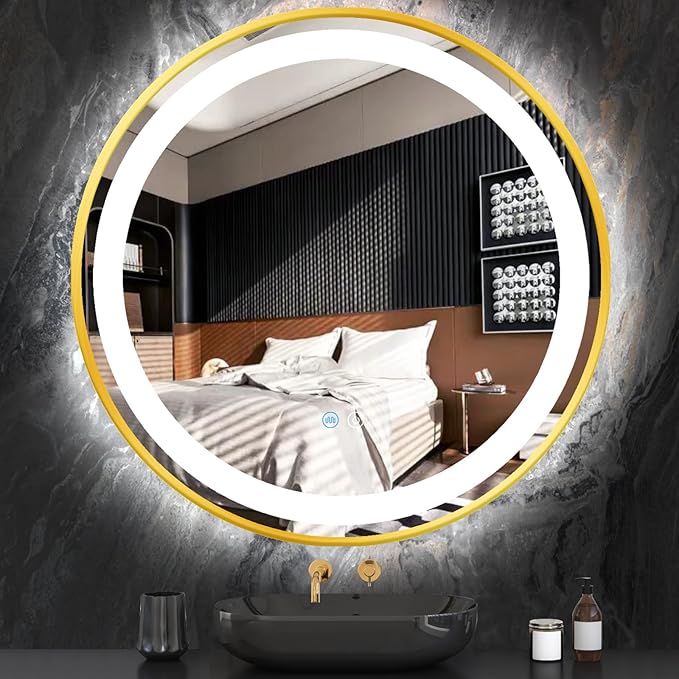 28 Inch Gold Round Vanity Mirror with Lights Gold Frame Circle Lighted Mirror for Bathroom Salon Wall 28" Golden Circle Round LED Light up Mirrors Smart Touch Memory 3 Color Dimmable AntiFog