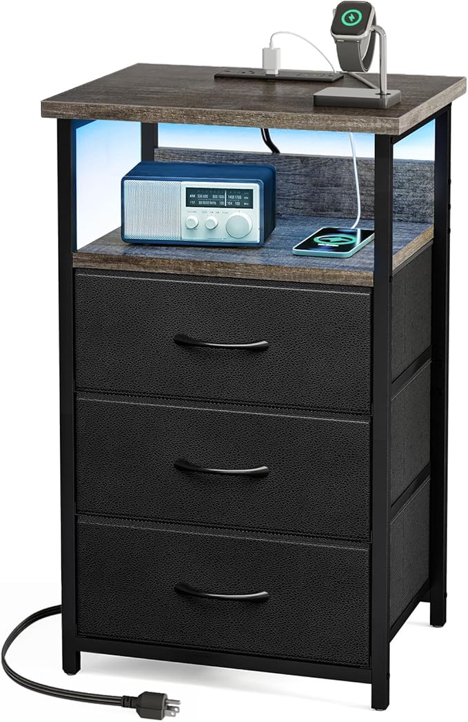Fixwal Night Stand with Charging Station, LED Nightstand with U-S-B Ports and Outlets, 3 Fabric Storage Drawers with PU Finish, Bed Side Table, Charcoal Gray