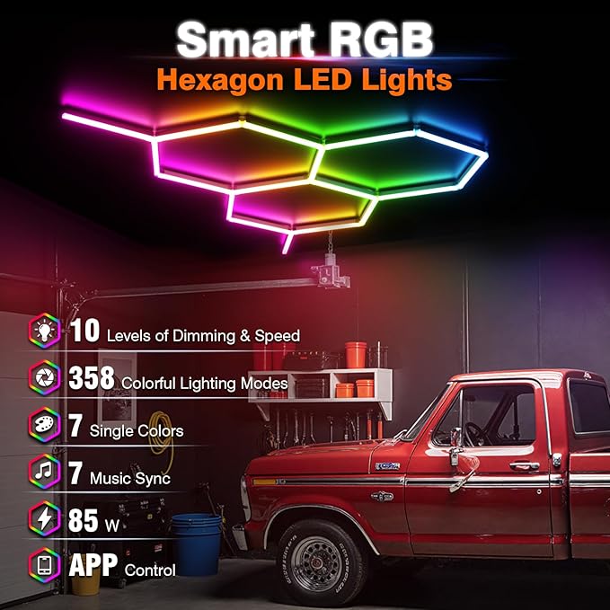 RGB Hexagon Lights 3 Grids, Hexagon Garage Lights with Music Sync Mode, App & Remote Control Honeycomb Lights for Gym Studio Basement Shop Exhibition