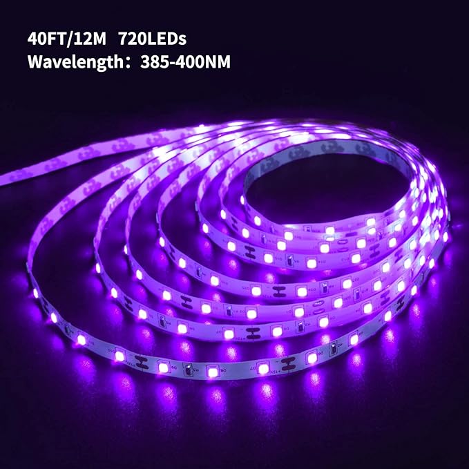 Ontesik Black Light Strip, 40ft/12m Flexible UV Black Light with LED kit, 720lamp Beads, 12V UV Light, Indoor Dance, Bedroom Decoration，Stage, Birthday, Wedding, Dark Party,not Waterproof