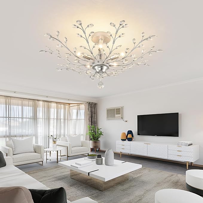 CVKASH 5-Light Vintage Small Crystal Chandelier Modern Silver Branche Ceiling Light Fixture Farmhouse for Kitchen Dining Room Living Room Bedroom Hallway Foyer