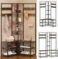 GiftGo Corner Hall Tree with Shoe Rack Storage Bench Display Open Shelves Modern Industrial Entryway Coat Rack Stand for Home Living Room Mudroom Bedroom Multifunctional 5 in 1 (Rustic Brown)
