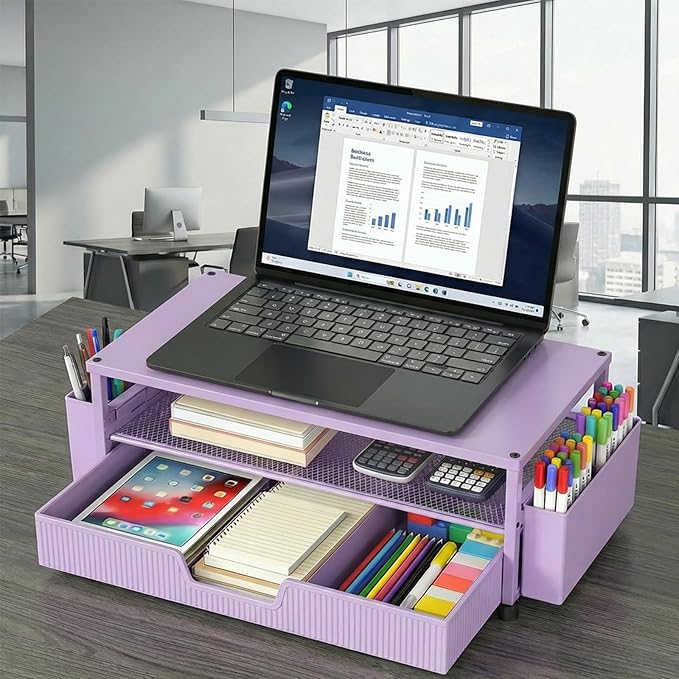 Desk Organizer and Accessories, 2-Tier Computer Monitor Stand Rise with Storage Drawer & 2 Pen Holders, Laptop & Printer Stand for Desktop, Workspace Organizers for Office Supplies (Purple)
