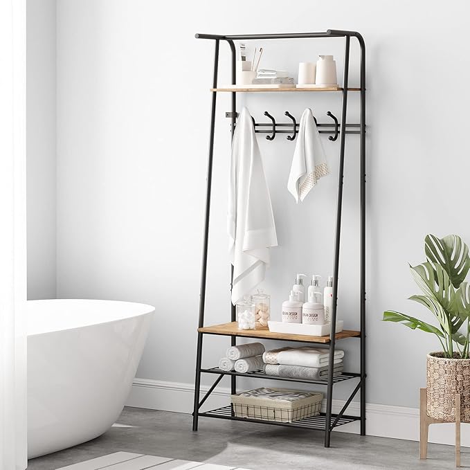 4-in-1 Hall Tree Coat Rack with Shoe Storage Bench & 5 Hooks – Entryway Organizer, Metal Frame, Wood Look Furniture for Entryway, Living Room, Bedroom – Single Row Hook, 60cm Wide