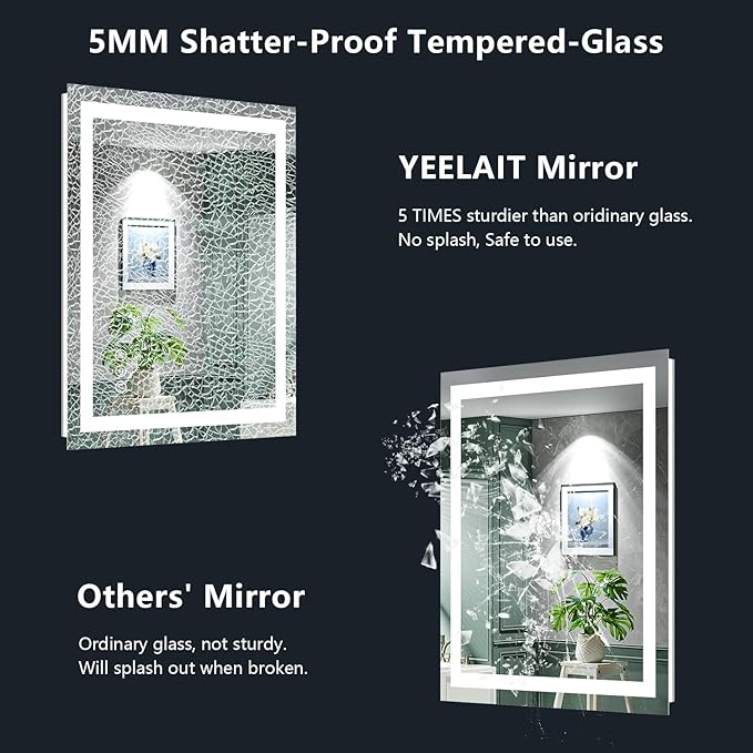 30x30 Inch LED Bathroom Mirror with Lights Front and Backlit Lighted Vanity Mirror for Bathroom Wall with 3 Colors Dimmable Anti-Fog Memory Shatter-Proof IP54 Waterproof Horizontal/Vertical