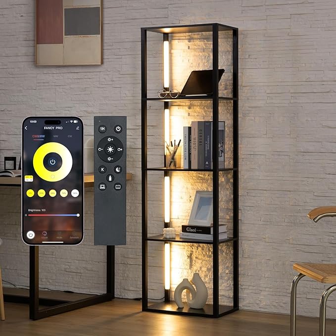 FENLO LED Display Shelf Floor Lamp with Wooden Shelves – Adjustable Lighting with App & Remote – Modern Wide Shelf Lamp for Living Room, Office, or Bedroom Fancy Plus Pro