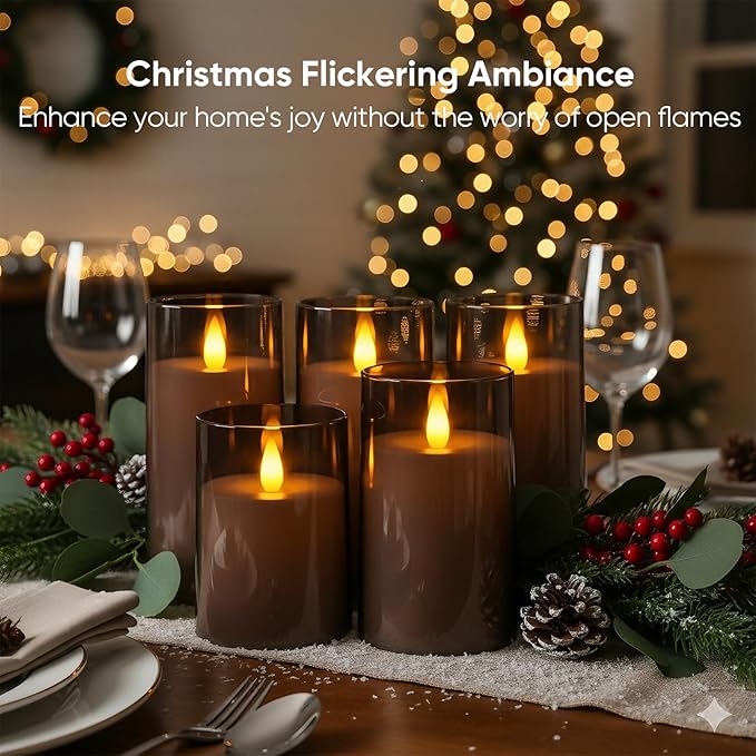 Amagic 3"×4" 5" 6" 6" 6" Gray Flameless Candles with Remote and Timer, Realistic Flickering Battery Operated Acrylic Led Fake Candles for Home Wedding Party Fall Christmas Decor, Set of 5