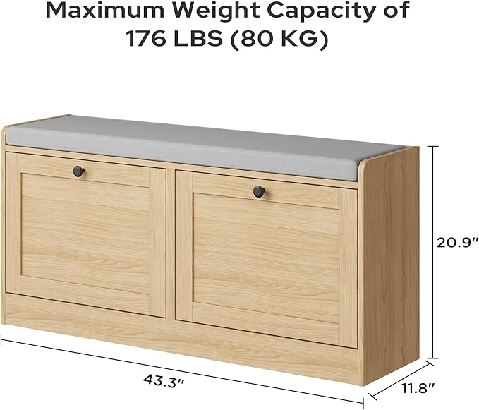 MHOM Oak Modern Entryway Bench with 2 Flip Drawers, Shoe Rack with Padded Seat Cushion, Wooden Storage Bench for Entryway and Hallway