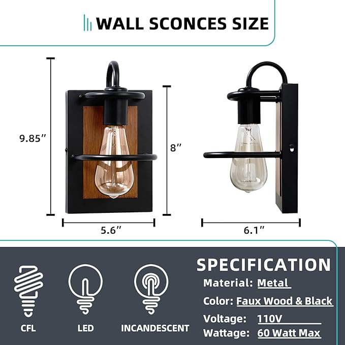 Farmhouse Wall Light Fixtures,Modern Industrial Wall Sconces Lighting Indoor with E26 Base Faux-Wood Color Matte Black Finish,Vintage Wall Mount Light Fixture for Bedroom Living Room Bathroom Stairway