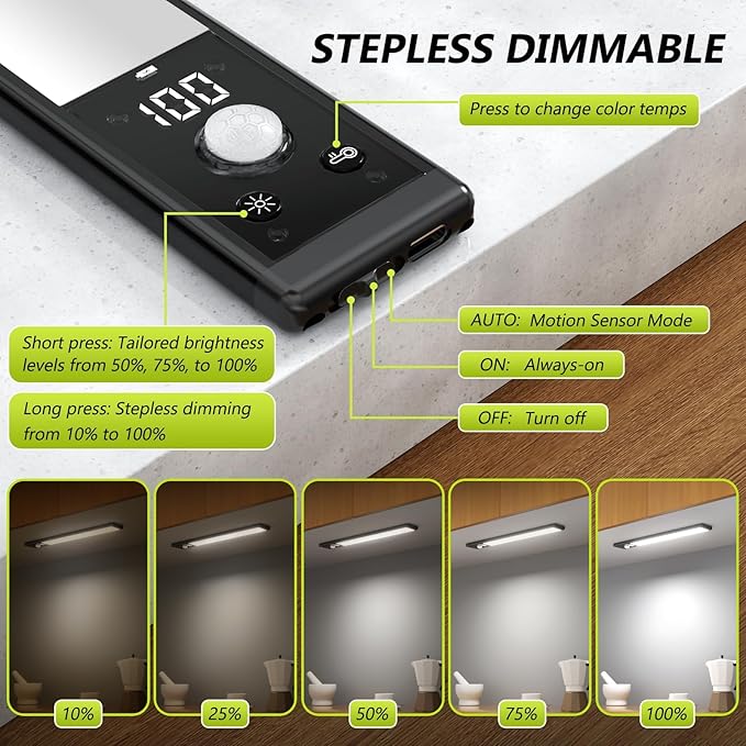 4 Pack 12" Under Cabinet Lights with Digital Display,2200mAh Rechargeable Motion Sensor Light Indoor,3 Color Temperatures, Magnetic Dimmable Closet Lights, Under Counter Light for Kitchen