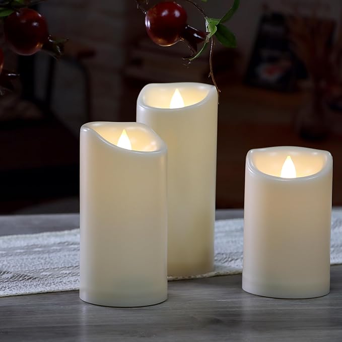 CANDLE CHOICE Outdoor Battery-Operated Flameless Candles with Remote Timer Waterproof Flickering Plastic Electric LED Pillar Lights for Lantern Patio Garden Wedding Halloween Christmas 3x5,6,7” 3 Pack
